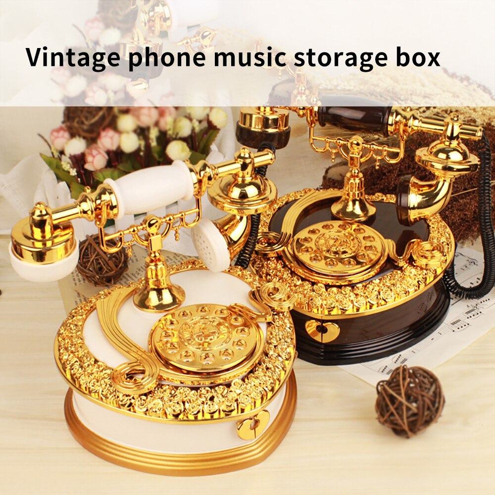 Retro Heart Shaped Telephone Model Music Box Birthday Home Ornament Decoration Antique Carved Wooden Hand Crank Music Box