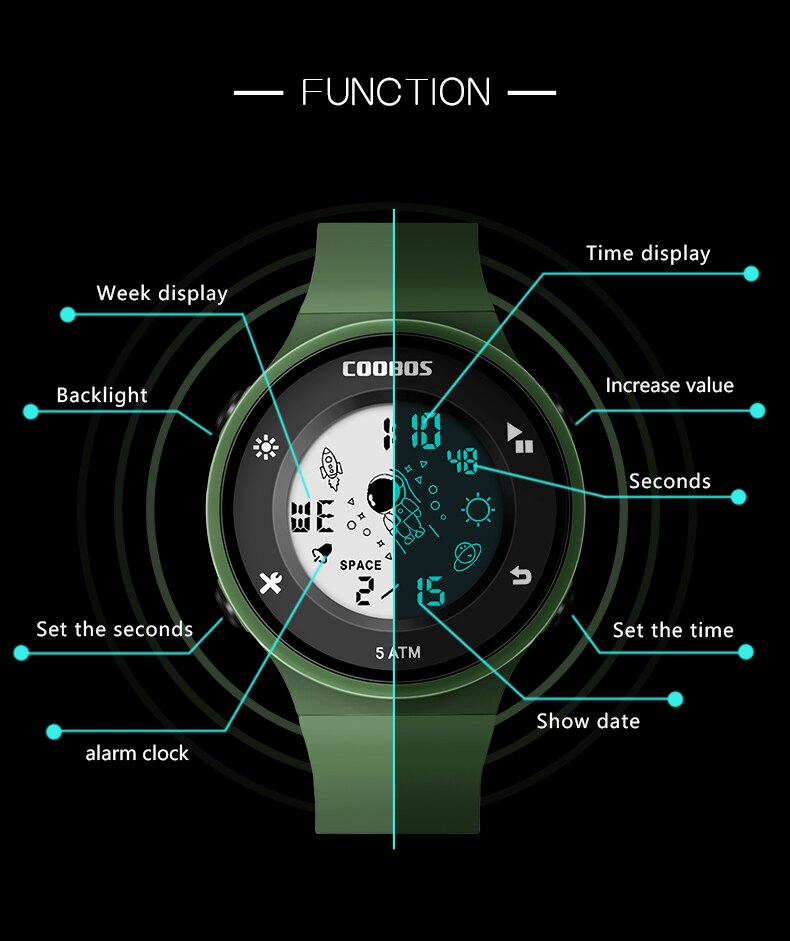 Coobos-Reloj de pulsera electrónico para hombre y mujer, cronógrafo deportivo resistente al agua con pantalla luminosa, 5 bares, ,