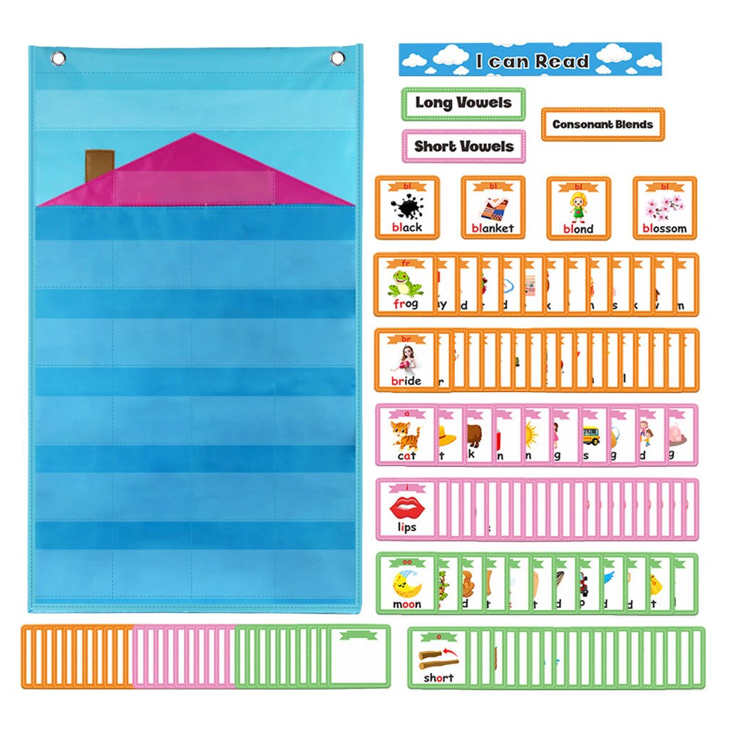 Pocket Chart Clear Printing Blue Learn Grammar 154 Cards Hanging Bag for Children