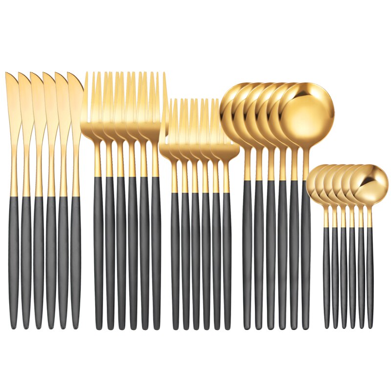 30Pcs White Gold Dinnerware Set Stainless Steel Knife Fork Spoon Cutlery Set Kitchen Tableware Set Flatware Set: 30Pcs Black Gold