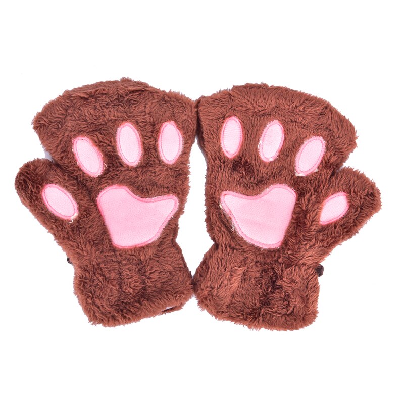 Soft Plush Short Fingerless Fluffy Bear Cat Gloves Costume Half Finger Black Beige Women Cute Cat Claw Paw Plush Mittens Warm