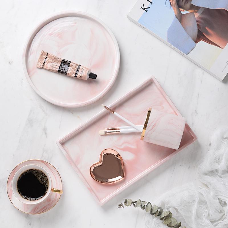 Nordic Pink Ceramic Storage Box Tray Marble Pattern Bedroom Jewelry Storage Board Kitchen Tableware Living Room Decoration
