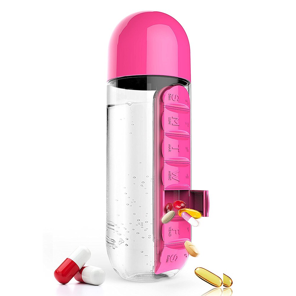 600Ml Sport Plastic Water Fles Combineren Dagelijks Pill Boxes Organisator Drinken Flessen Lekvrije Fles Tumbler Outdoor: Rose Red