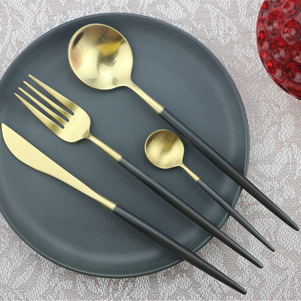 24Pcs Servies Set 18/10 Rvs Bestek Set Thuis Party Bestek Set Mes Vork Lepel Set Theelepel Keuken Servies: 24Pcs Black-Gold