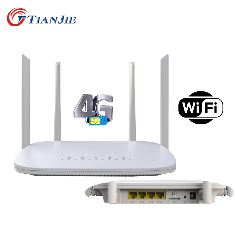 Tianjie 4g router lte z modemem wi-fi, 4 rj45 portami o dużej prędkości, czterema zewnętrznymi antenami 5 dbi i gniazdem na kartę sim, funkcja plug and play.