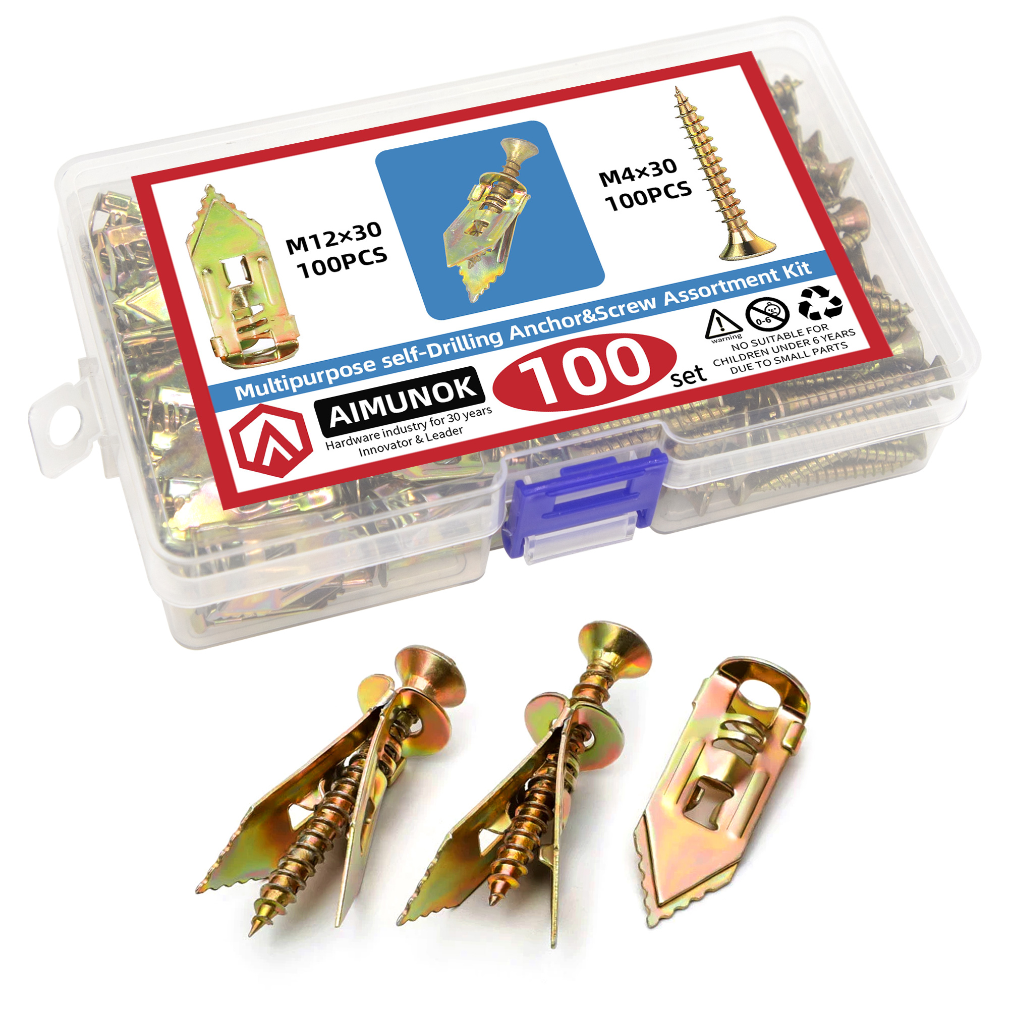 30/60/100 sæt selvborende gipsankre med skruer og  a 30mm længder gipsudvidelsesskrue til gipsanker