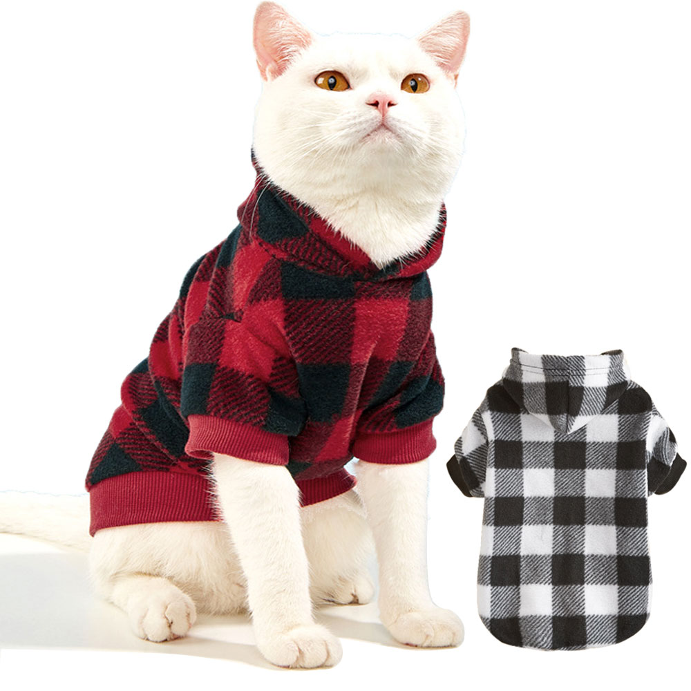 Classic Plaid Cat Hoodie Winter Cat Clothes Cat Sweatshirt Warm Fleece Soft Vest for Cats Puppies Small Animals