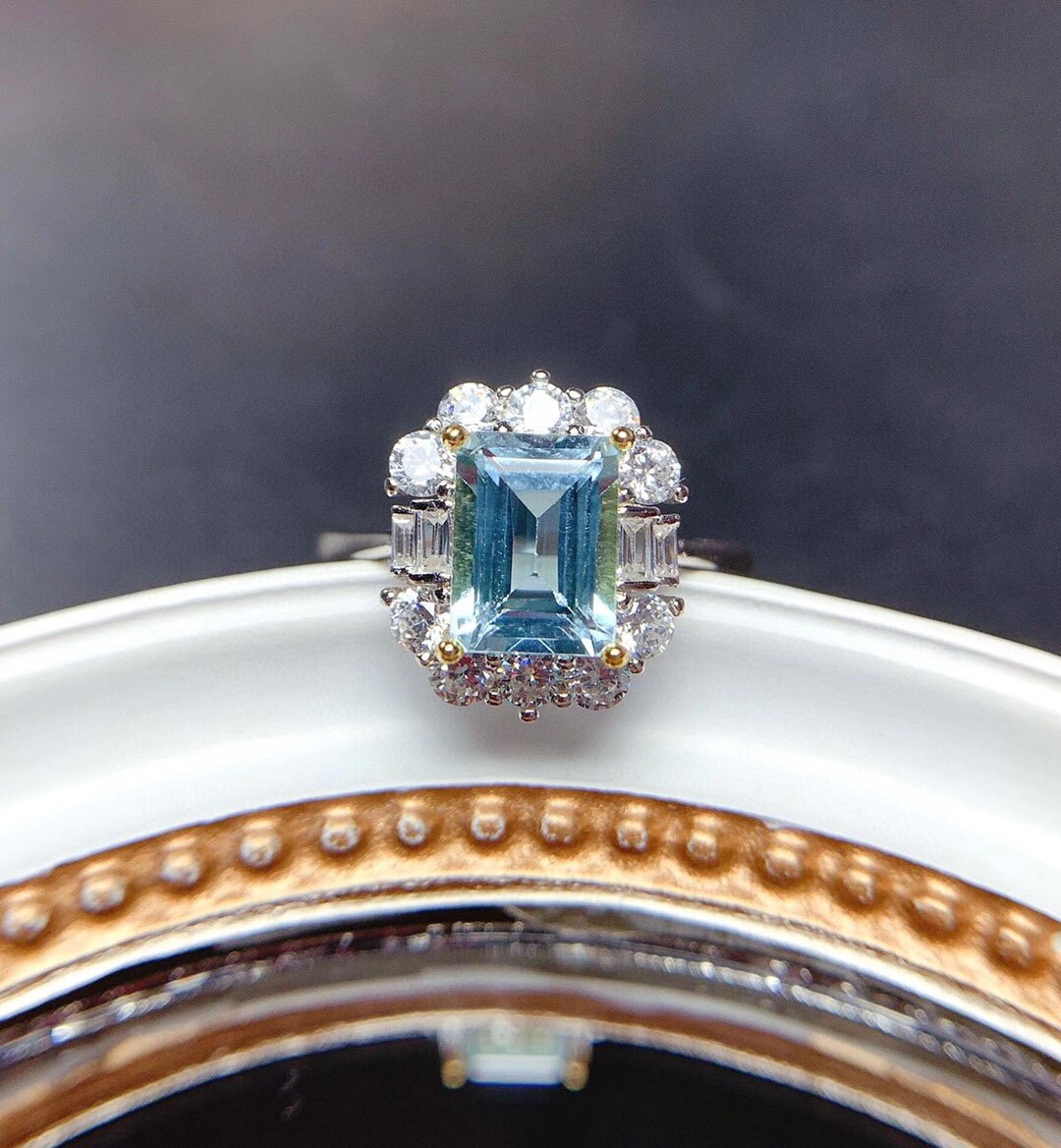Vintage cielo azul piedra de topacio anillo de plata de las mujeres anillo de Zircón DE BODA Natural colorido gema anillo de lujo joyería fina