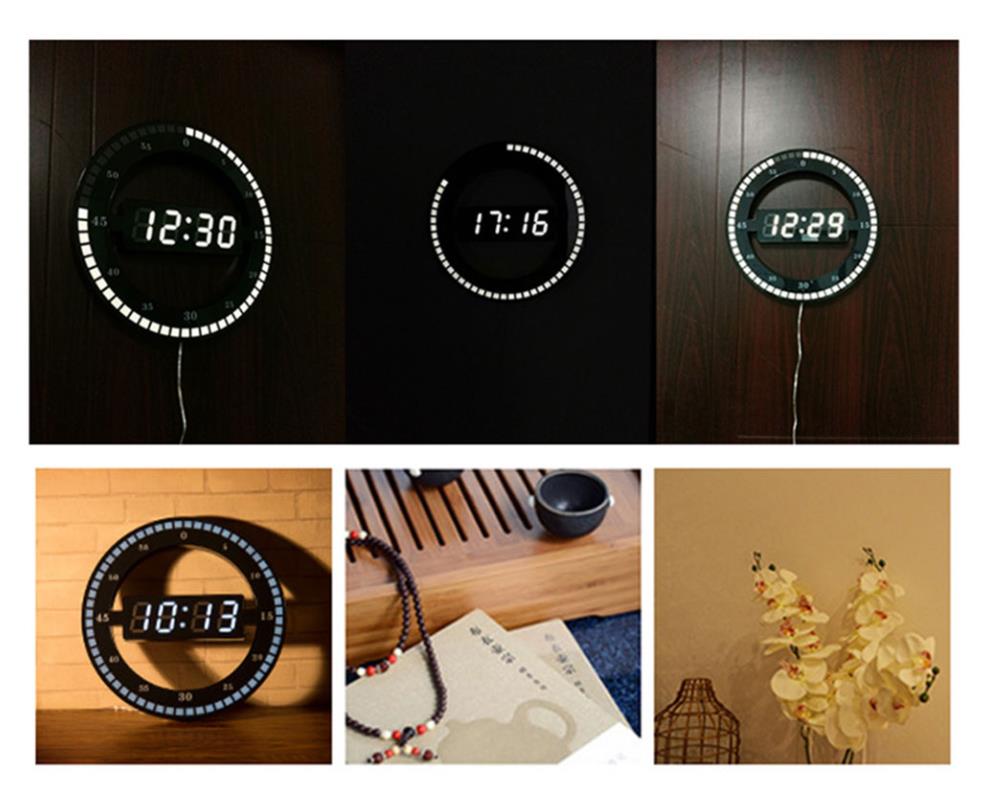 Mute Hanging Wall Clock Black Circle Automatically Adjust Brightness Digital Led Display Desktop Table Clock