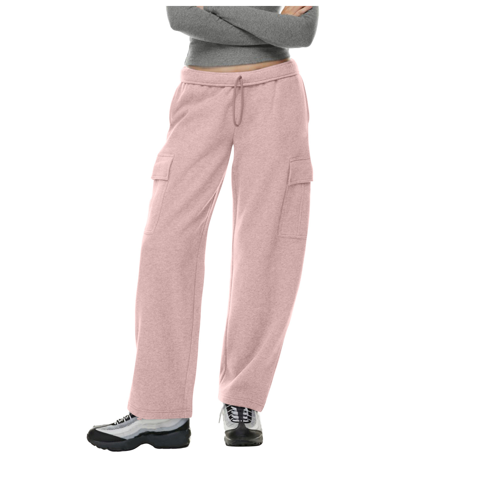 Dame joggingbukser med lige ben, løse, baggy bukser, højtaljede joggingbukser med lommer: Xl / Lyserød