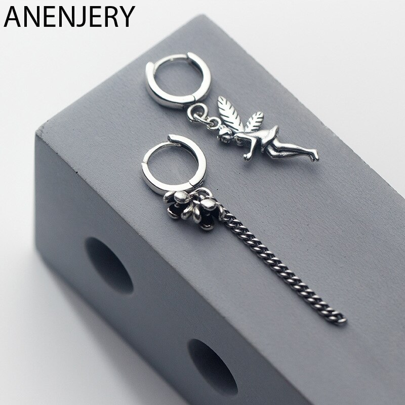 ANENJERY Cute Little Flower Fairy Asymmetric Thai Silver Color Hoop Earrings For Women S-E1064