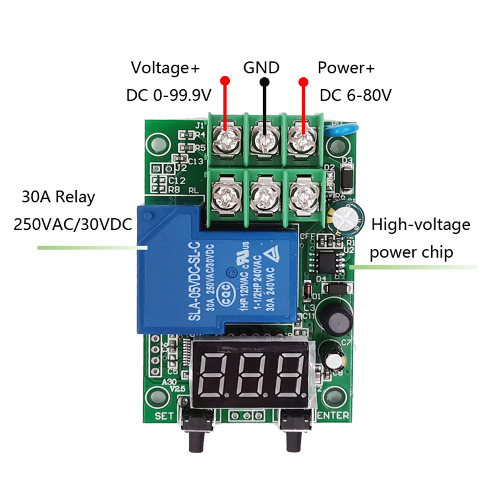 Controlador de interruptor de relé DC 6 ~ 80V detección de voltaje carga Monitor de descarga con estuche pantalla Digital detección de voltaje CC