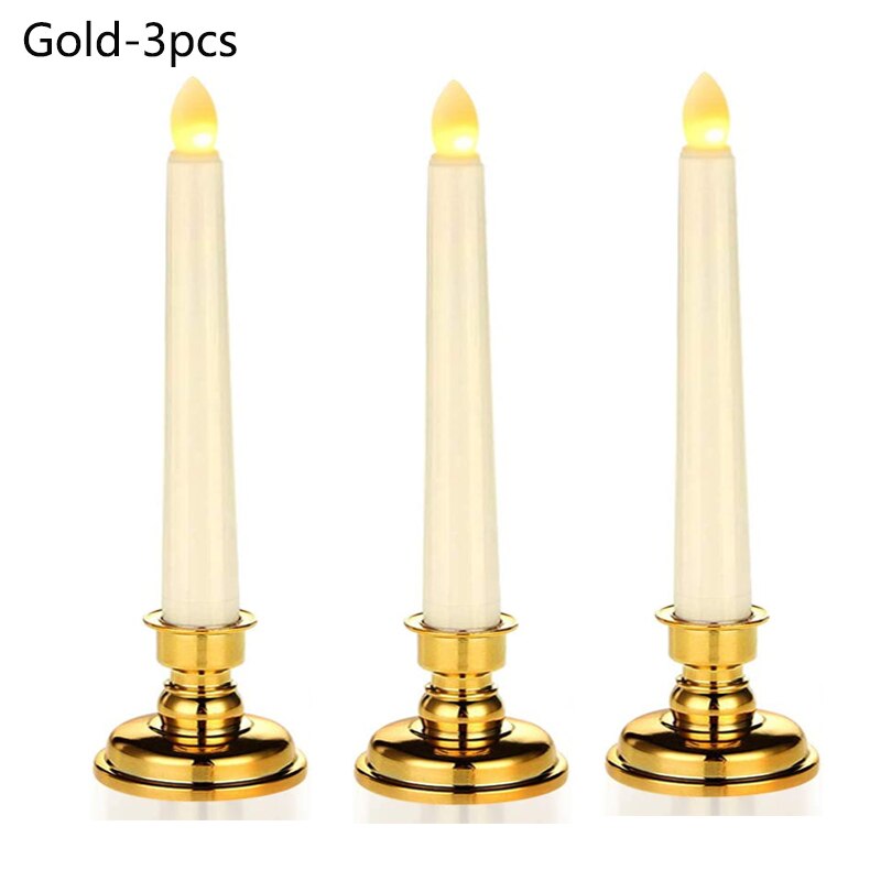 LED fenêtre bougie lumières à piles sans flamme bougies coniques avec Bases veilleuse pour fête mariage saint valentin maison déco: 3pcs Gold Base