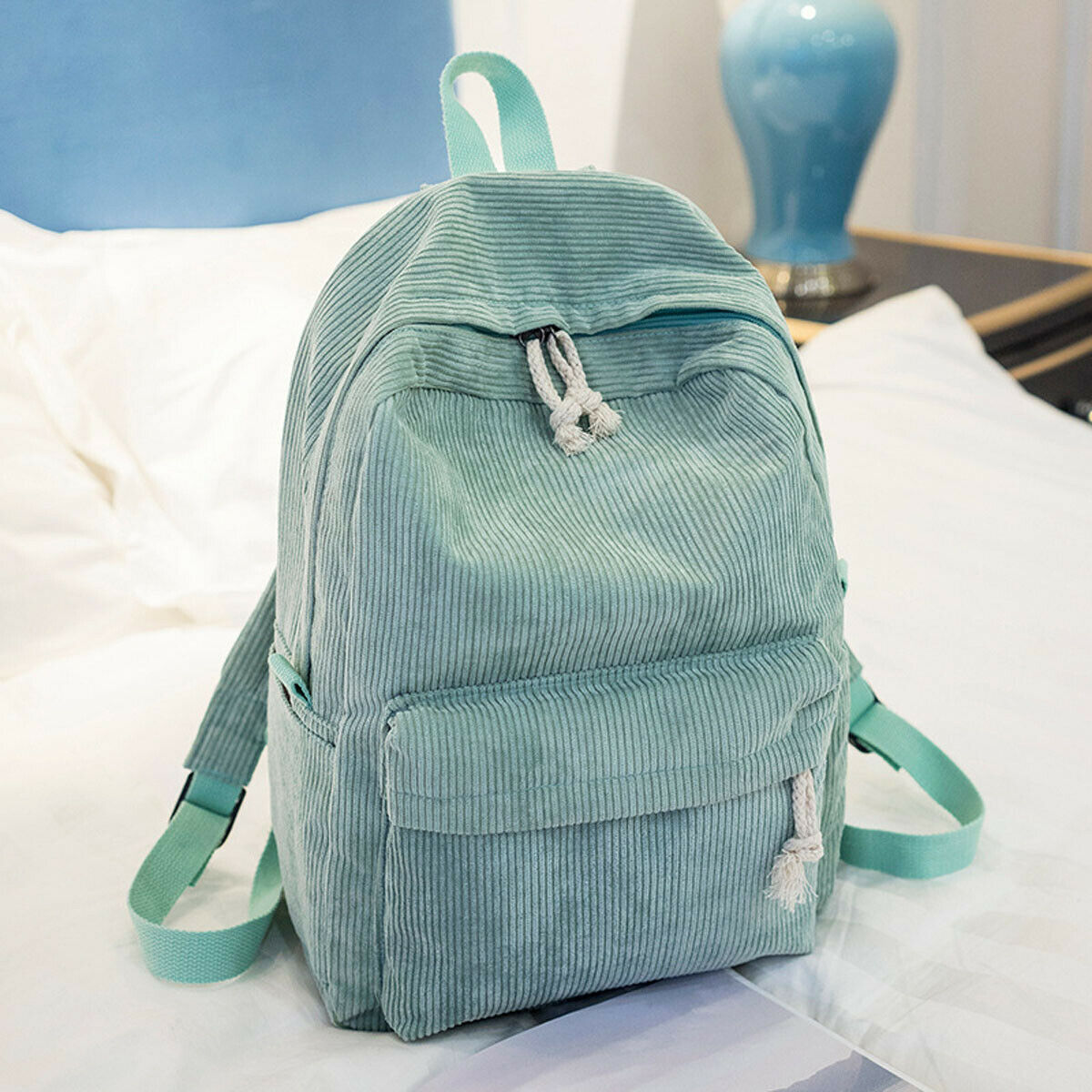 Kvinner dame enkel preppy stil corduroy ryggsekk jenter casual ensfarget dobbel glidelås reiser skolesekk rosa blå grå grønn: Grønn