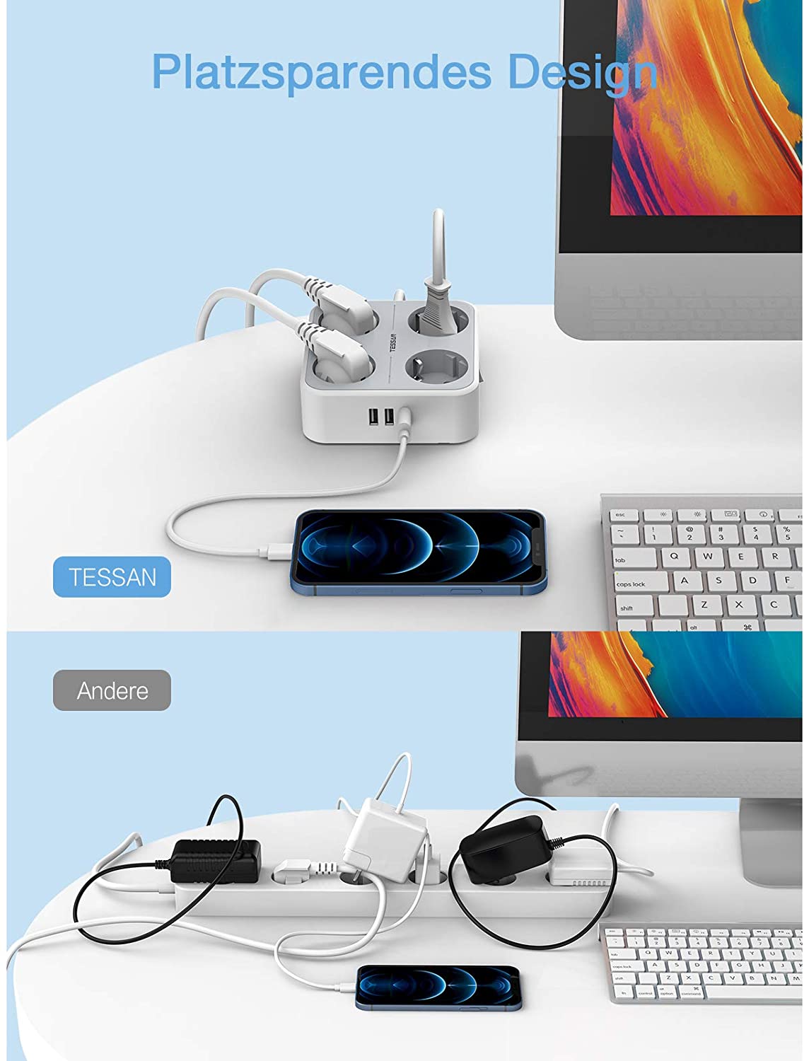 Desktop Power Strip with 1.5M/5ft Wire 3 USB Ports On/Off Swtich Mountable Multi Outlet EU Plug Socket Mini USB Charging Station