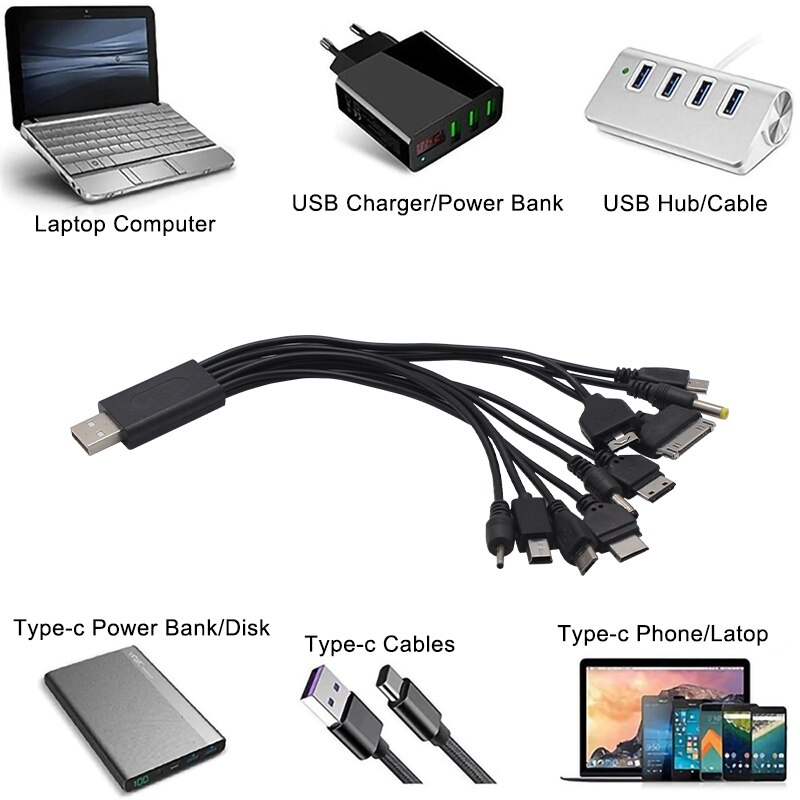 USB Cable 10 in 1 Universal Portable USB Data Cable For Cell Phone Fast Charging Mobile Phone One Drag 10 USB Charging Cable
