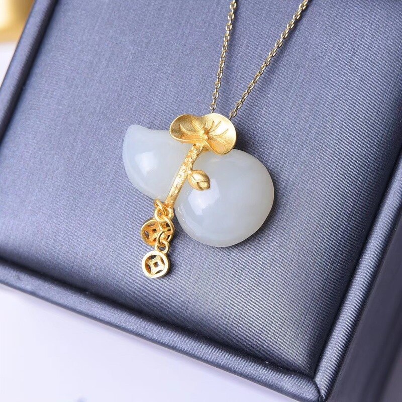 Natuurlijke Witte Jade Kalebas Hanger Ketting 925 Zilveren Chalcedoon Chinese Gesneden Charm Sieraden Agaat Mode Amulet Vrouwen