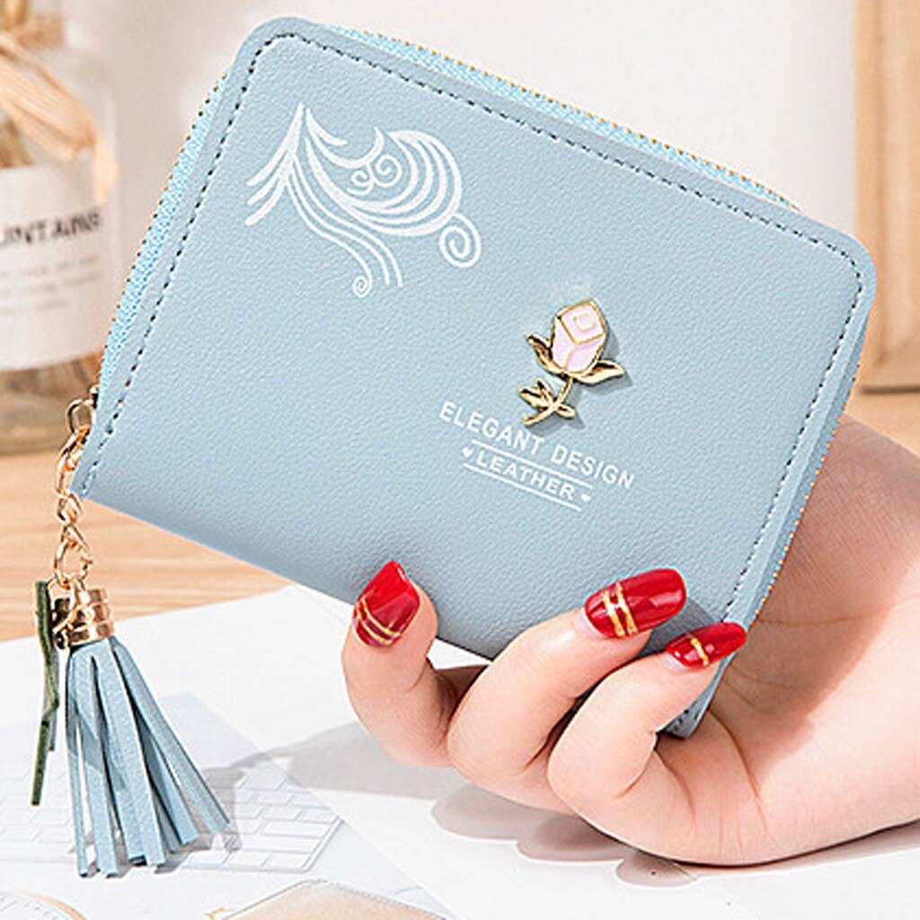Women’ s Short Solid Color Flower Fringed Leather Wallet Female Simple Travel Outdoor credit card holder purse Mini Cluth Bag: Blue