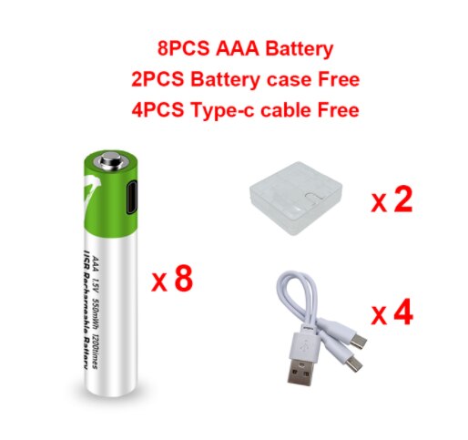 1.5V Mirco USB Rechargeable Battery 550mwh AAA Toys Remote controller batteries Lithium Polymer Battery: 8 PCS AAA and cable