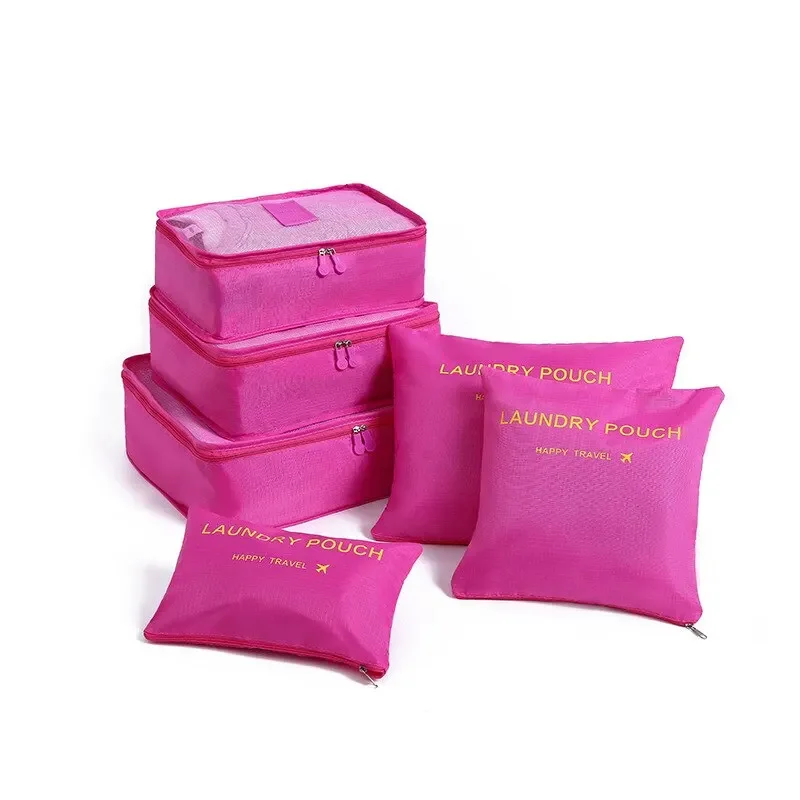 6 stk/sett reisepakkekuber bagasjeorganisatorvesker til klær sko toalettsaker lett reiseoppbevaring og koffert: Svart