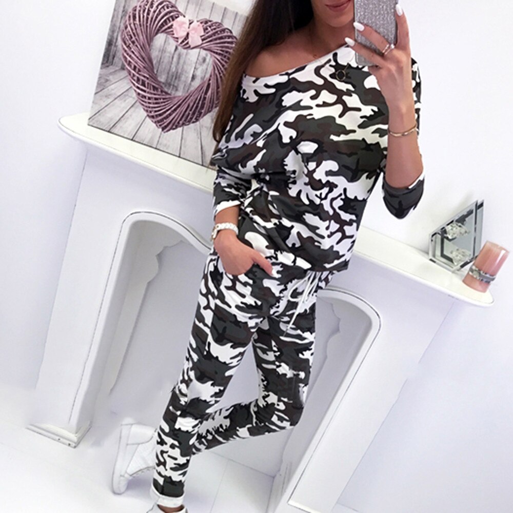 2PCS Trainingsanzug Für Frauen Lounge Tragen Pullover Top + Hose Herbst Camouflage Print Elastische Taille frauen anzug zwei stück set #902: Camouflage / L