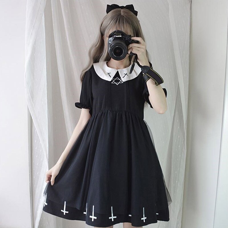 Vestido gótico de Lolita con estampado de Cruz para mujer, ropa de , conjunto de lolita, estilo de estrella, de tul, ropa de calle: M