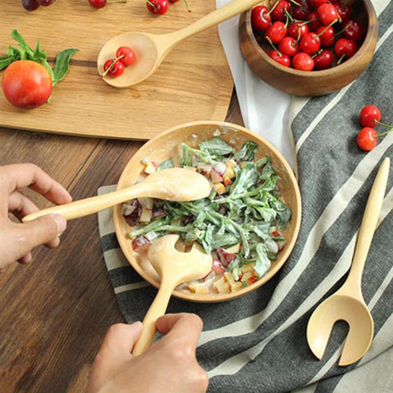 2pcs Salad Spoon Fork Round Wood Spoon and Fork Cutlery Set Salad Serving Spoon Set Kitchen Utensils Soup Spoon Ladle Tableware