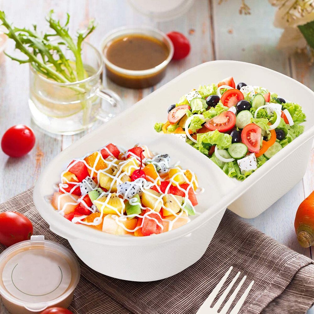 50Pcs Disposable Bento Boxes Sugar Cane Fiber Compostable 2 Compartments Microwave Lunch Boxes Portable Food Storage Containers