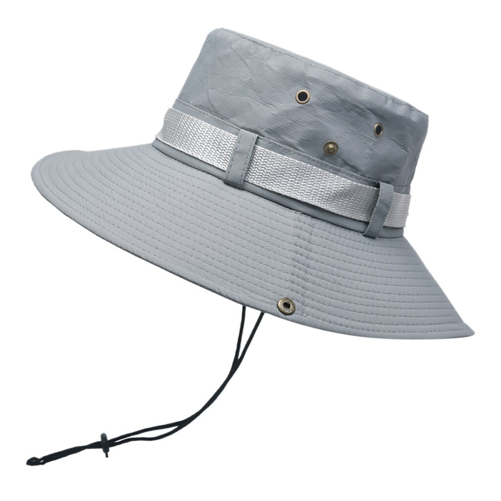 Mens Summer Outdoor Sun Hat Sun Protection Breathable Solid Fisherman Cap Foldable Lacing Bucket Hat Gorras Hombre: Gray