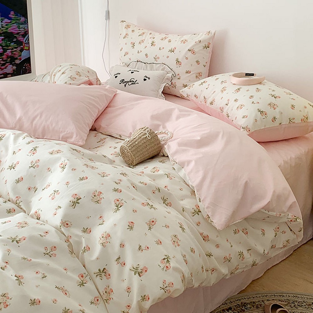 Roze bloemenbeddengoedset Zacht Ins Enkel Dubbel Queen Size Dekbedovertrek Vlaken Kussensloop Meisjes Thuis Totel Beddengoed