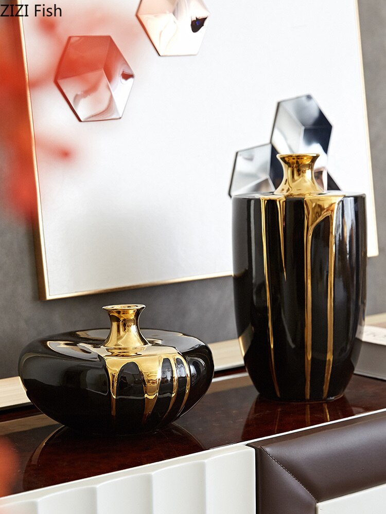 Svart guld keramik vas blommor kruka blomsterarrangemang skrivbord dekoration hantverk glasyr porslin vaser blommig heminredning modern