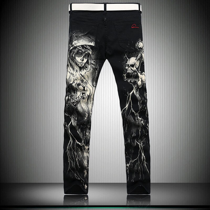 Men`s Printed Jeans Punk Style Gothic Painted Cotton Straight Leg Cool Jeans for Young Men