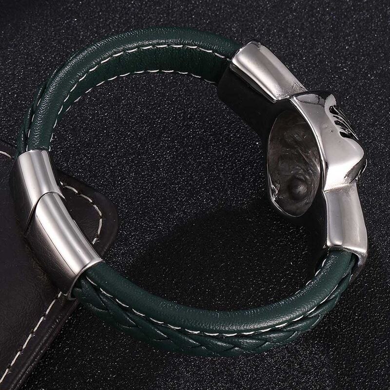 Green Leather Bracelet Men Hip Hop Leo Lion Head Stainless Steel Magnetic Buckle Rock Punk Bangles Party Jewelry SP0823