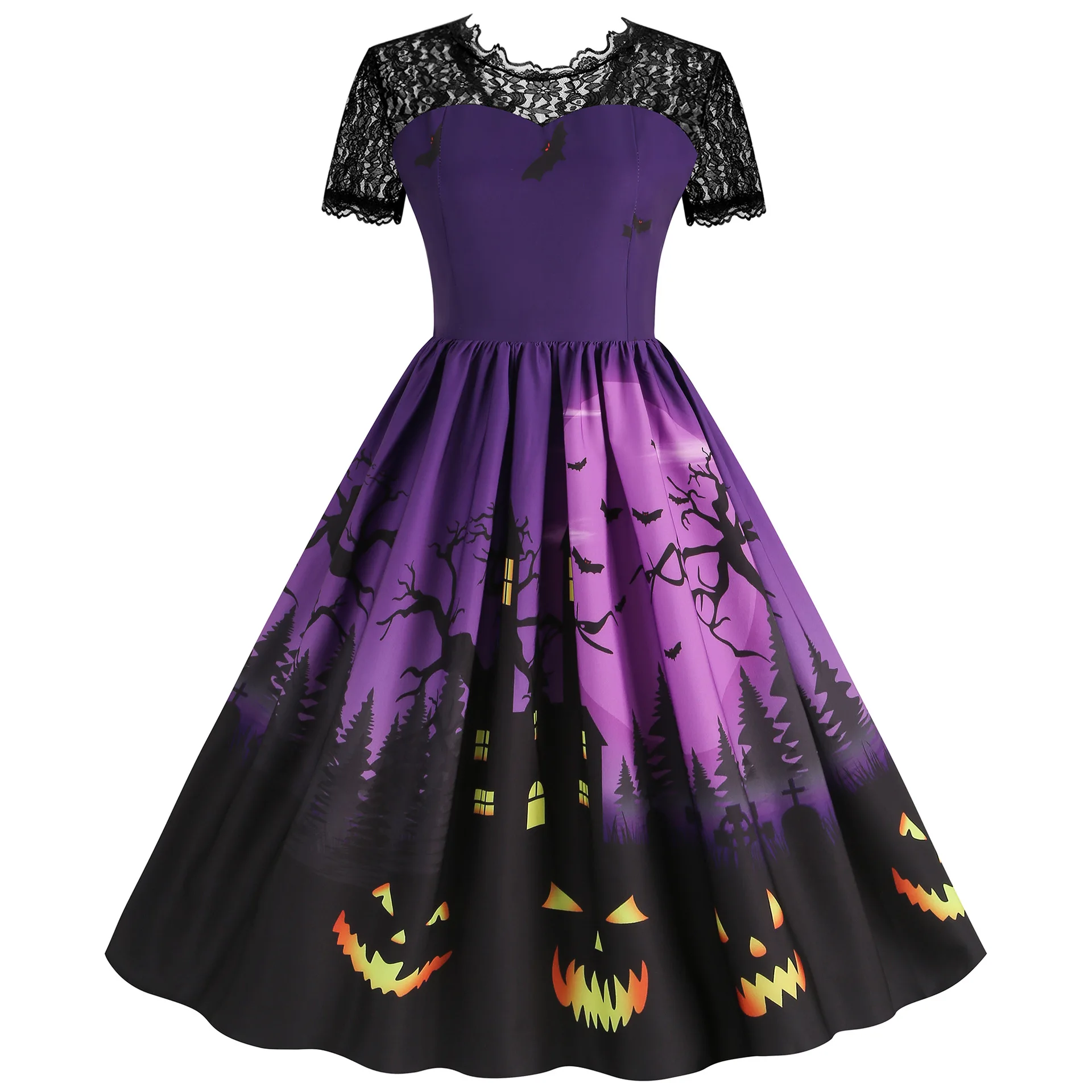Contrast lace patchwork halloween print party night pleated dress women's festival clothing vintage midi dresses: Xxl / Purple
