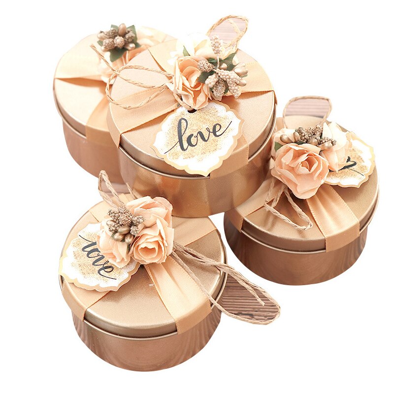 Golden Red Empty Tin Box Metal Tin Jars Wedding Candy Storage Boxes With Ribbon Flower Wedding Party Supplies