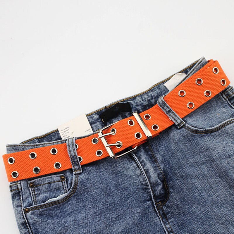 Bred lærred bælter afslappet dobbelt hul hul spænde bælte justerbar ensfarvet taljestrop til kvinder mænd studerende jeans: Orange