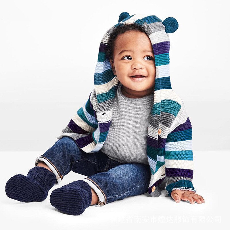 Pull à capuche à rayures colorées pour bébé garçon et fille, 3M-2T, joli Cardigan en tricot, vêtements d'automne et d'hiver
