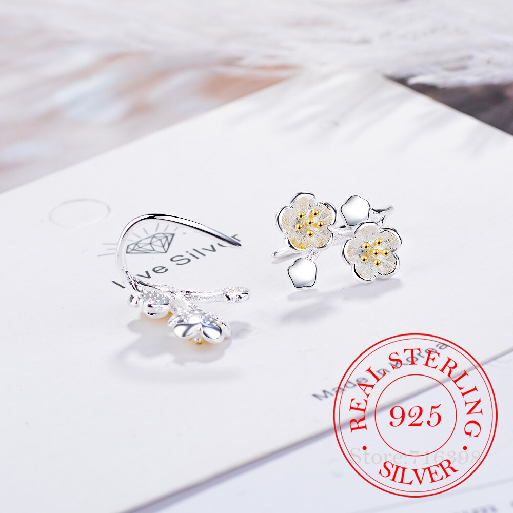 Pendientes de flores de cerezo para mujer, de Plata de Ley 925 con frío, joyería fina