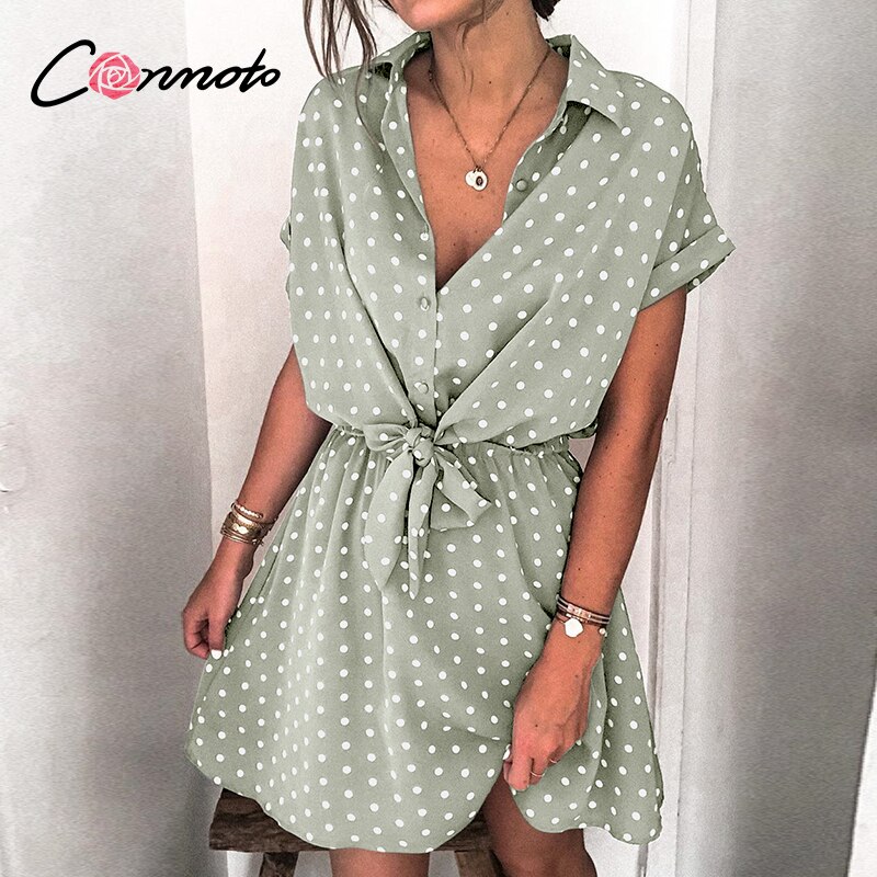 Conmoto Green Polka Dot Short Sleeve Dress style lace bat sleeve summer women dress high waist Aline short dress