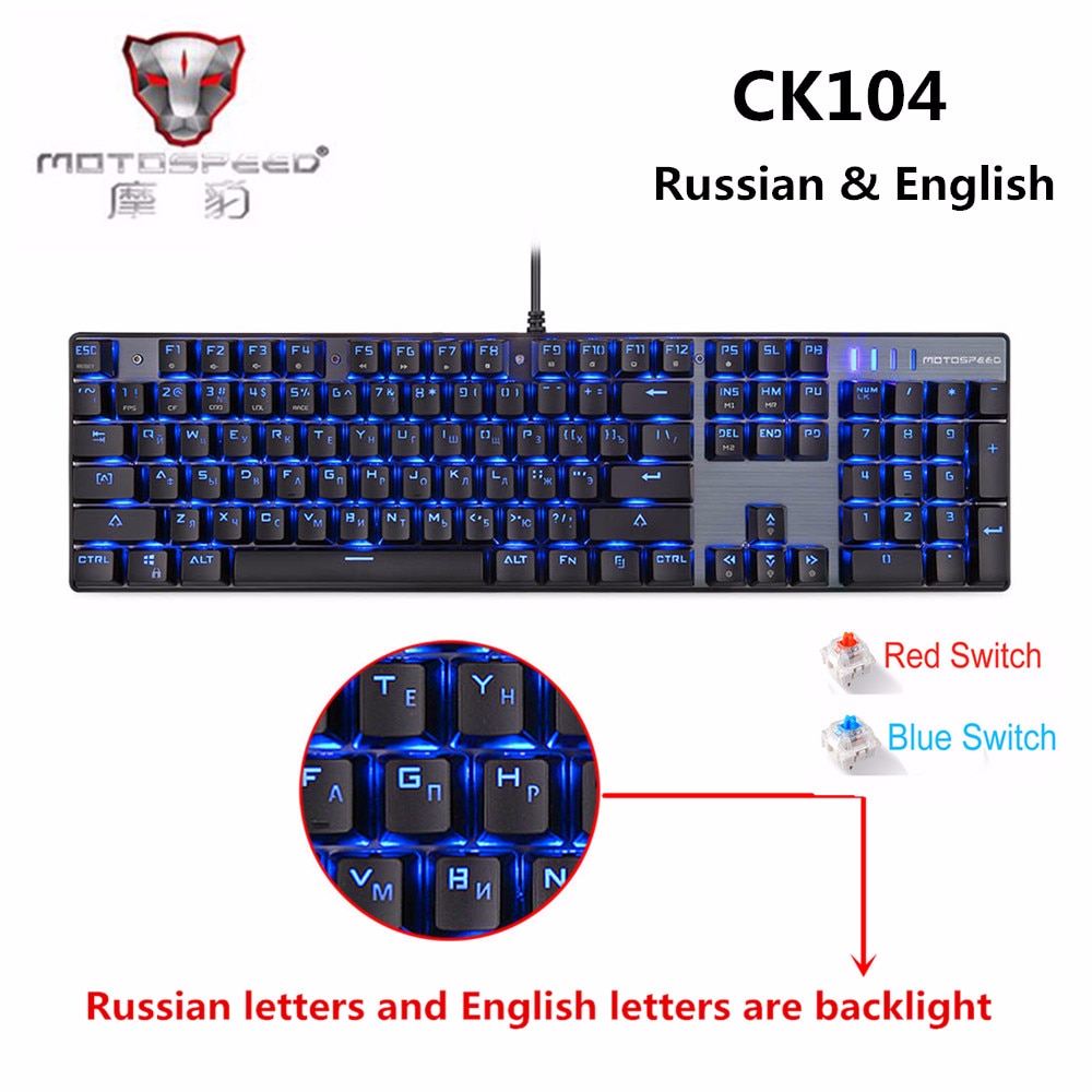 Original Motospeed CK104 Gaming Mechanical keyboard Wired Metal Red Switch Blue Russian English LED Backlit RGB gamer Computer