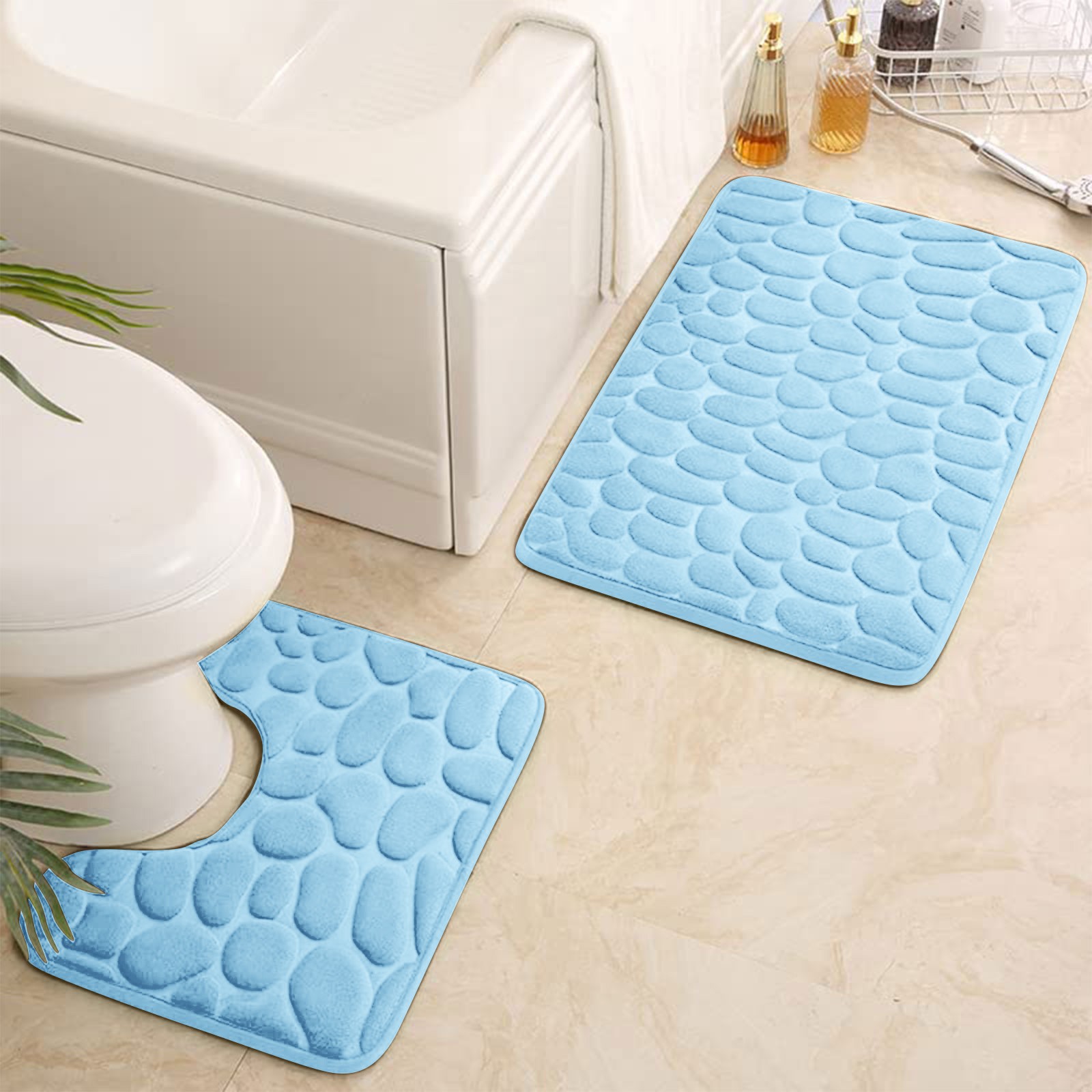 Non-Slip 50 X 80 Cm Bath Mat And 50 X 40 Cm Toilet Mat,2-Piece Bathroom Rug Set, Soft Bath Mat Washable Bath Rugs For Bathroom: SKY BLUE