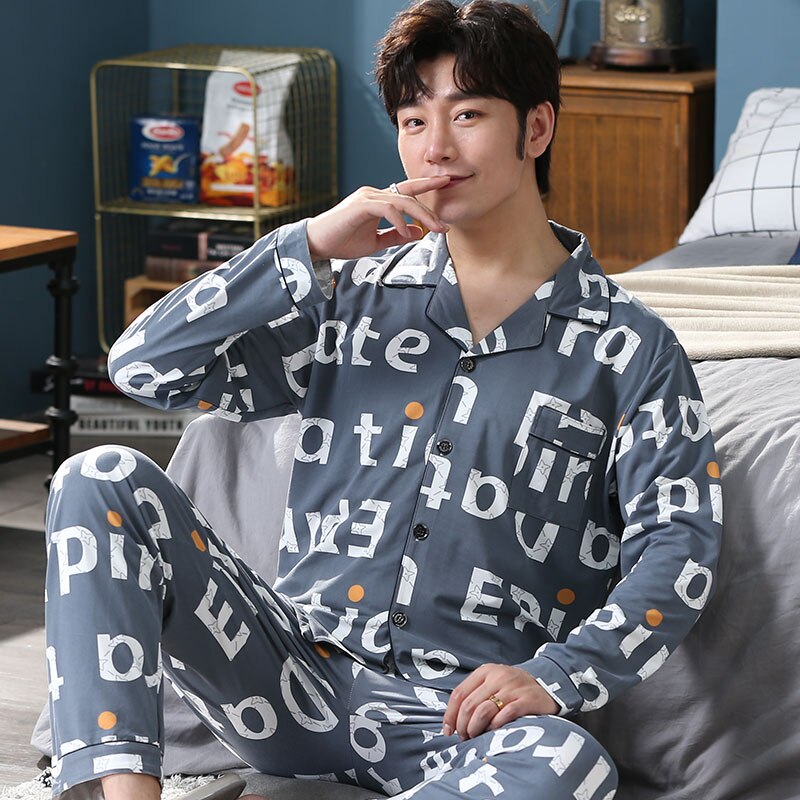 primavera y otoño 100% pijamas de algodón impreso traje de 2 piezas pijamas simples para hombres solapa casual suave pijamas servicio de hogar