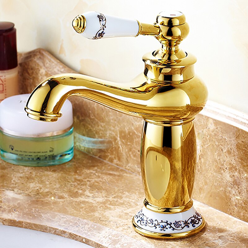 Bathroom Faucet Antique Bronze Basin Sink Solid Brass Vintage Style Single Handle Water Mixer Faucets: Gold-QHC