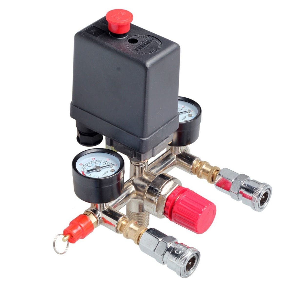230V Dubbele Outlet Buis Legering Luchtcompressor Schakelaar Drukregelaar Valve Fitting Onderdelen Luchtcompressor Buis Met Gauge