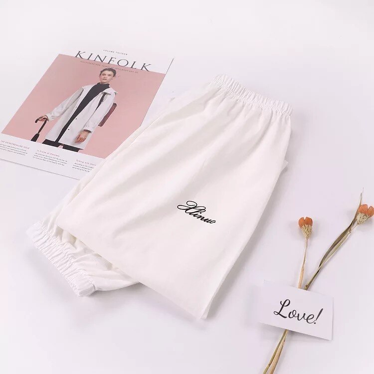 Tunna lösa plus size pyjamasbyxor 100%  bomull dam sovunderdel stickad bomull sommarbyxor dambyxor: Vit / L