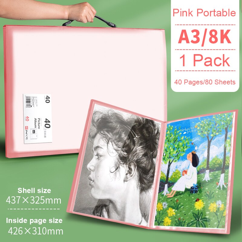 File Folder A3 Picture Certificate Storage 30/40/60 Pages Insert Brochure Poster Art Works Collection Paintings Favorites: Portable pink 40