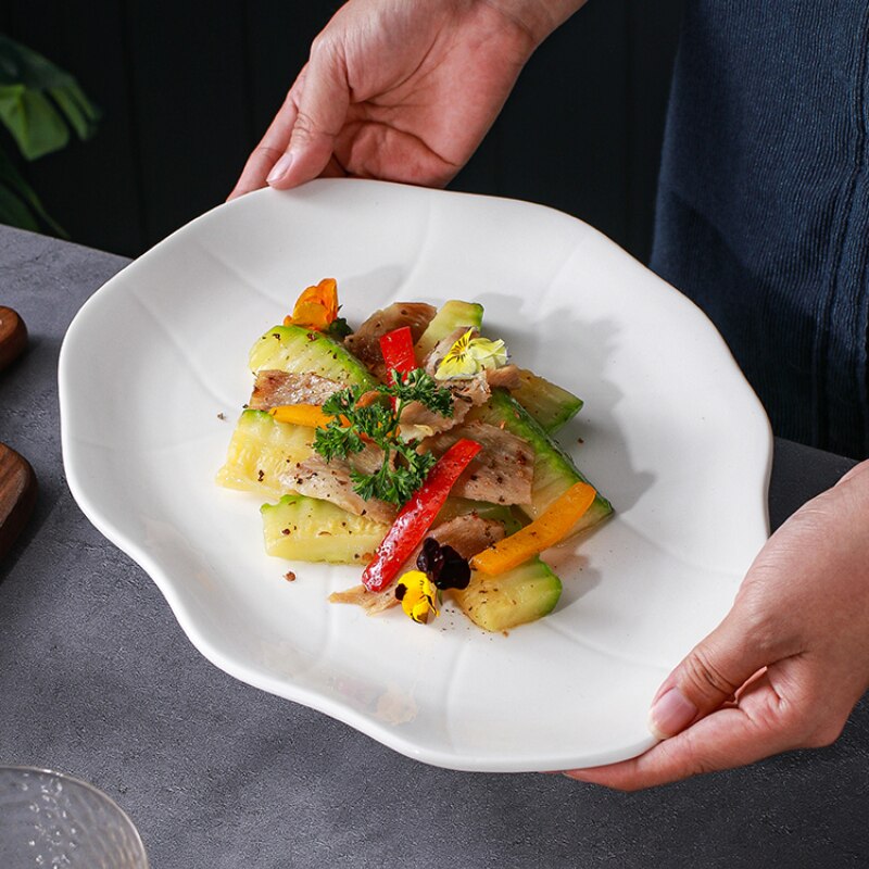 Plato plano Irregular de cerámica, plato poco profundo, Hotel, restaurante, plato de carne, vajilla de cocina, vajilla homosexual, plato de hoja de loto