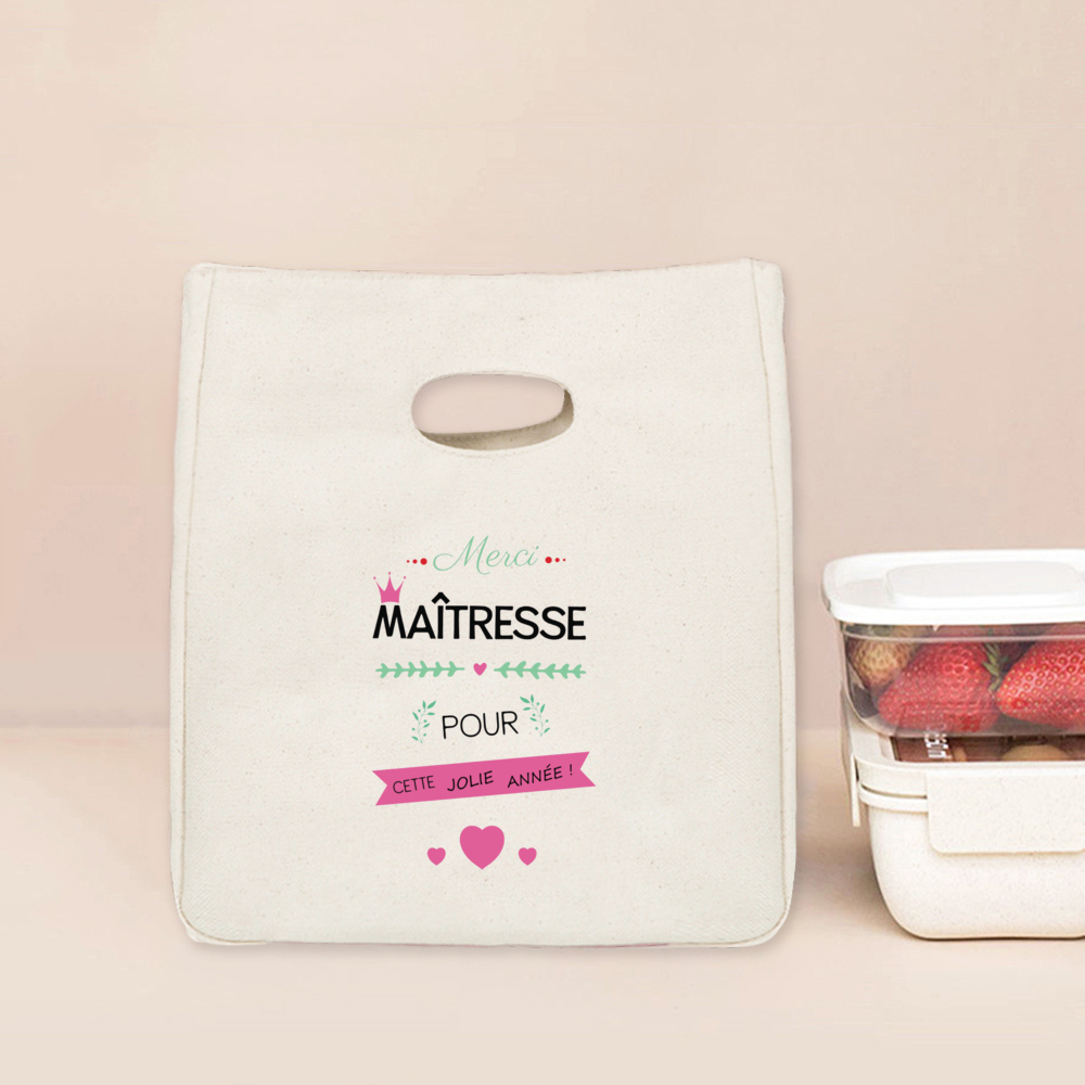 Merci Maitresse Print Lunch Bag Przenośna izolowana płócienna torba termiczna Bento Tote Thermal School Torby do przechowywania żywności Prezent dla nauczyciela: Brązowy