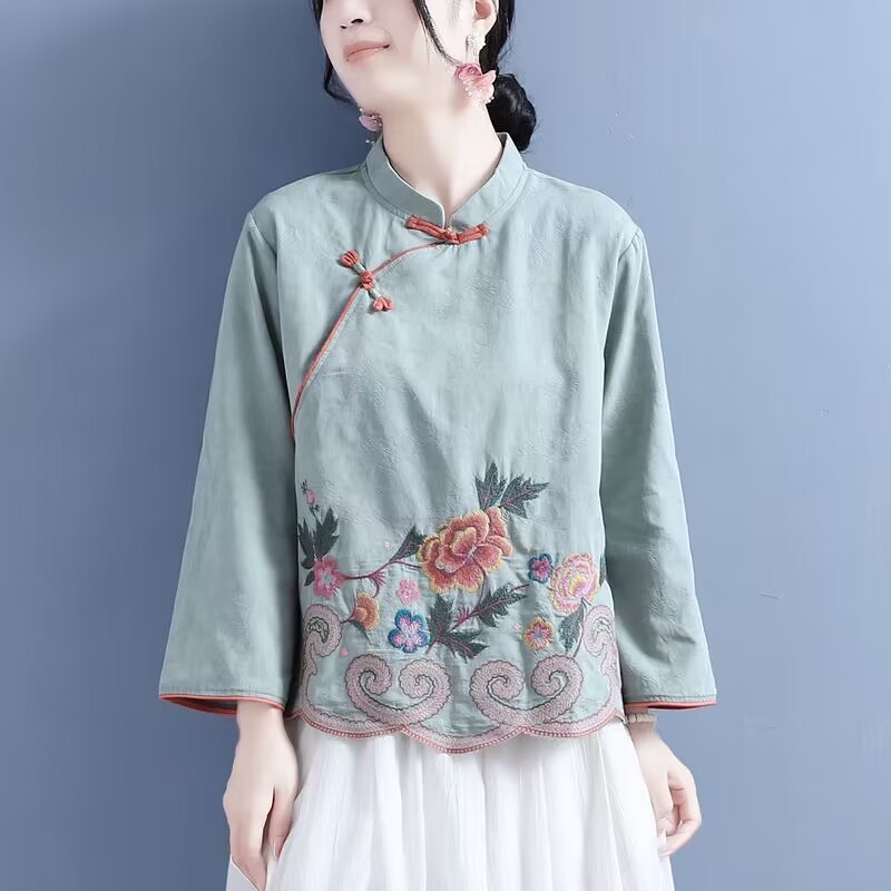 Chinesischen Stil Bestickt Baumwolle Leinen Shirts Frühling Sommer Retro Zugeknöpft Lange ärmeln Stand-up Kragen Kleidung Lose Tops: XXS / Brown