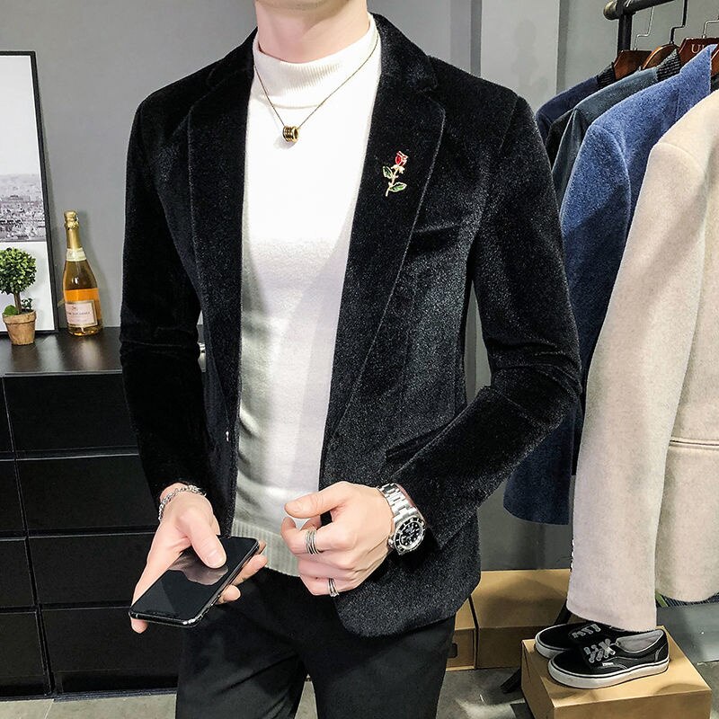 Chaqueta de Tweed informal para Hombre, Americana, Blazers con estilo, de otoño, de terciopelo, ajustada,: Black / Korean M